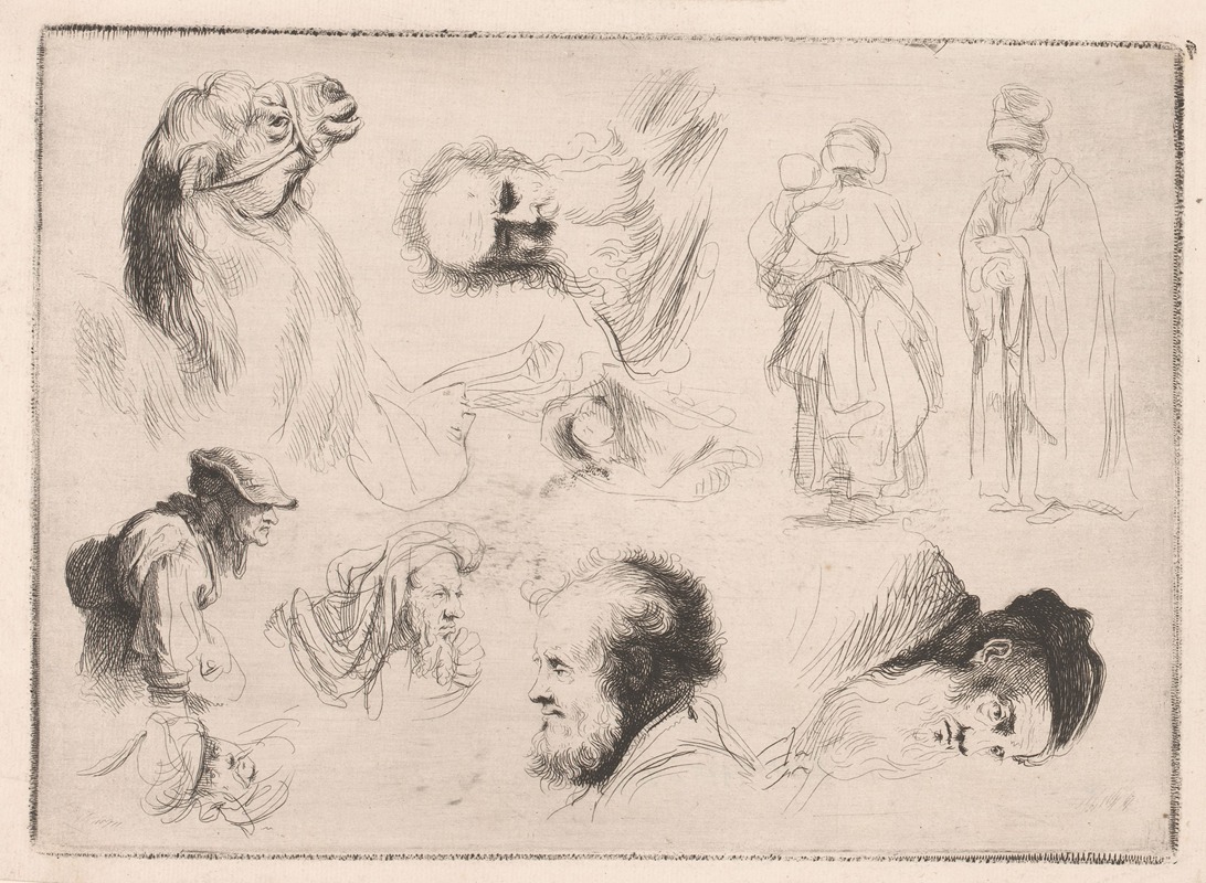 Ignace-Joseph de Claussin - Compositie met hoofden van verschillende mannen en een kameel en twee staande figuren