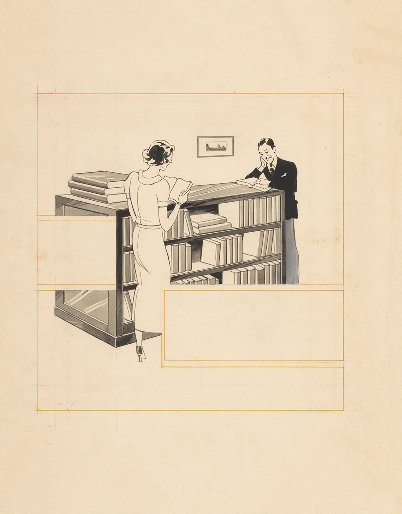 Jac Nuiver - Lezende man en vrouw bij een boekenkast