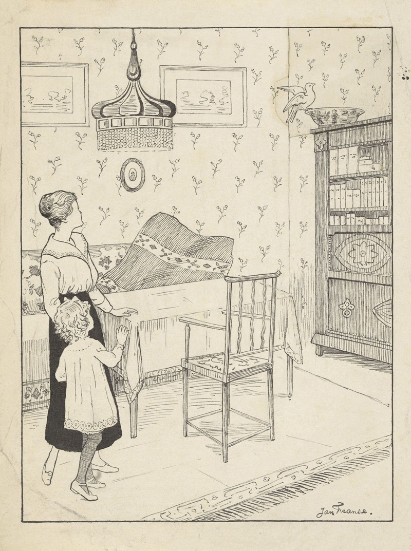 Jan Franse - Vrouw en meisje kijkend naar een vogel op een kast