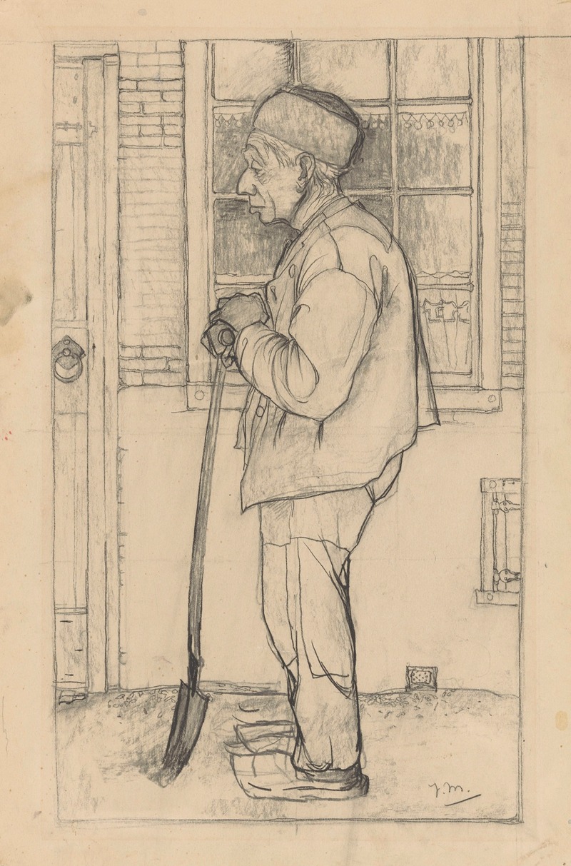 Jan Mankes - Douwe in profiel, staand met de spa voor het hui