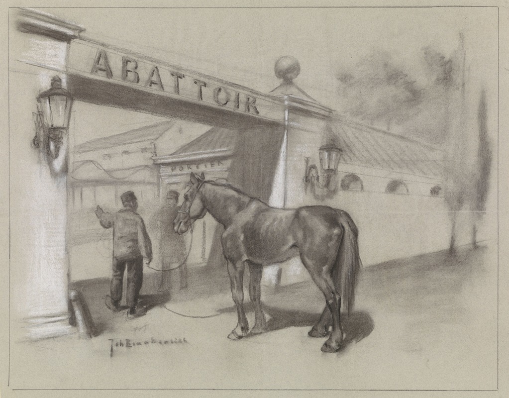Johan Braakensiek - Man met paard voor de ingang van het abattoir
