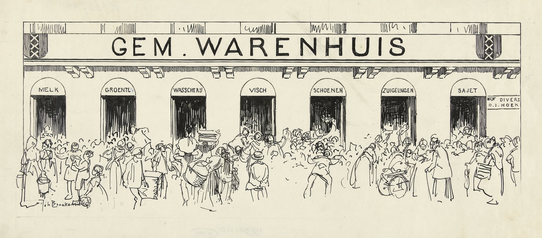 Johan Braakensiek - Ontwerp voor illustratie in De Amsterdammer drommen mensen voor het Gem. Warenhuis