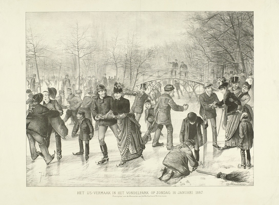 Johan Braakensiek - Schaatsende mensen in het Vondelpark in Amsterdam IJsvermaak in ‘t Vondelpark