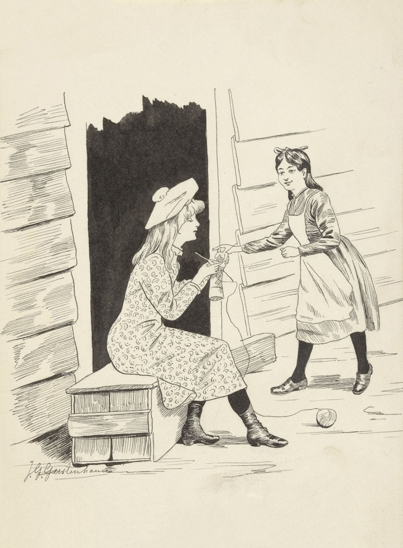 Johan Georg Gerstenhauer Zimmerman - Breiend meisje en een dienstmeid bij een open deur
