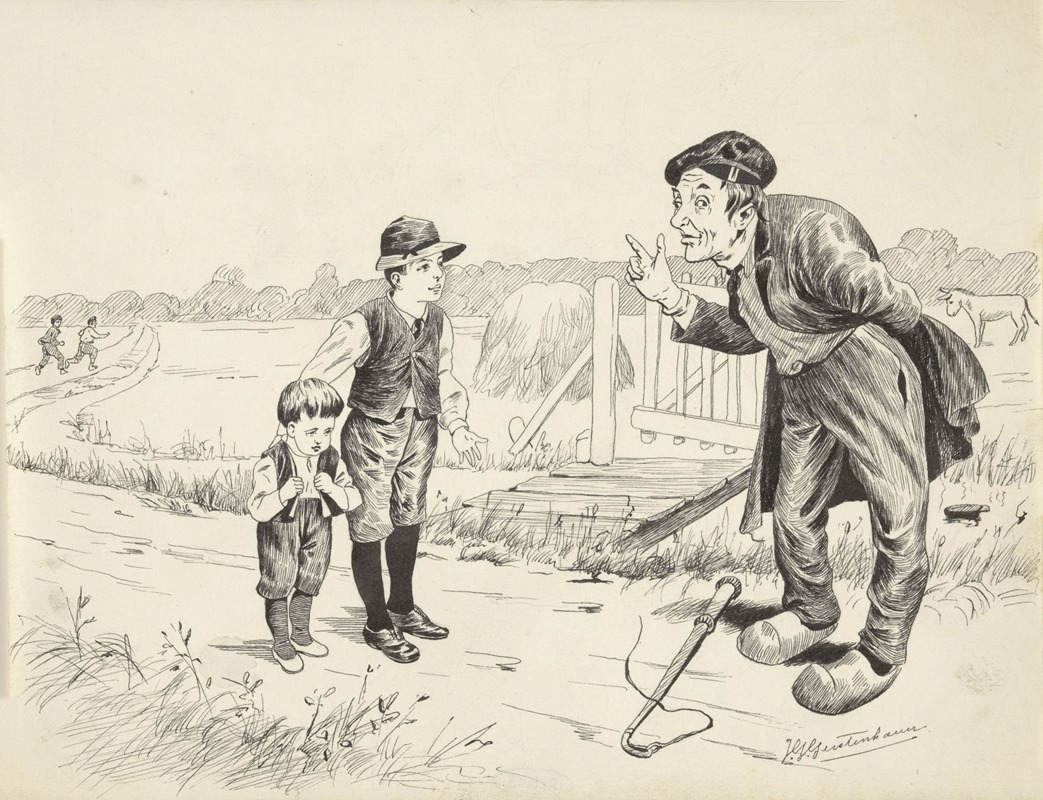 Johan Georg Gerstenhauer Zimmerman - Man gebarend naar twee jongens in een landschap