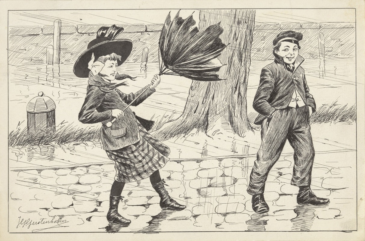 Johan Georg Gerstenhauer Zimmerman - Meisje met omgeklapte paraplu in een stormwind