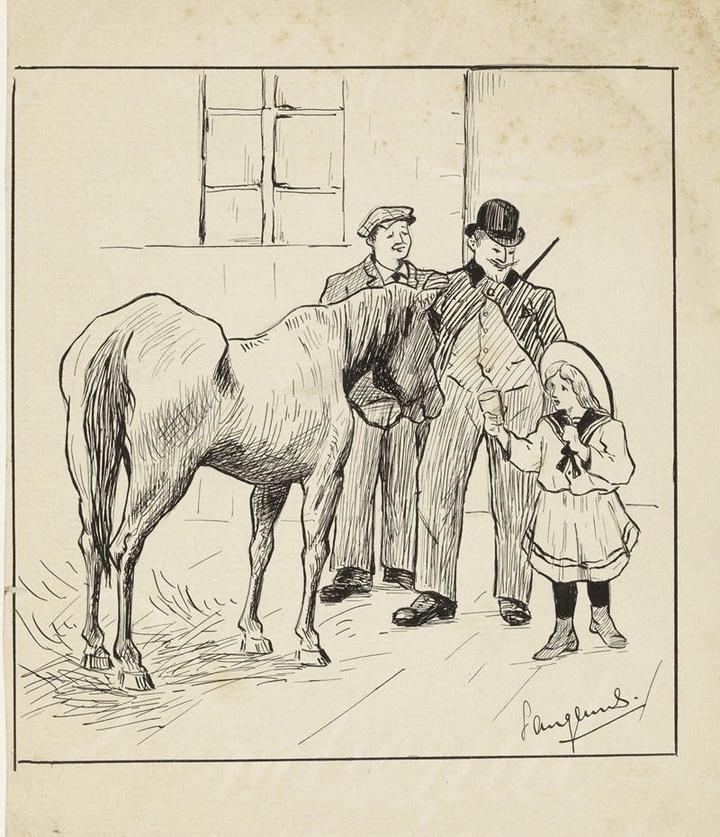 Langenus - Meisje biedt een paard water aan
