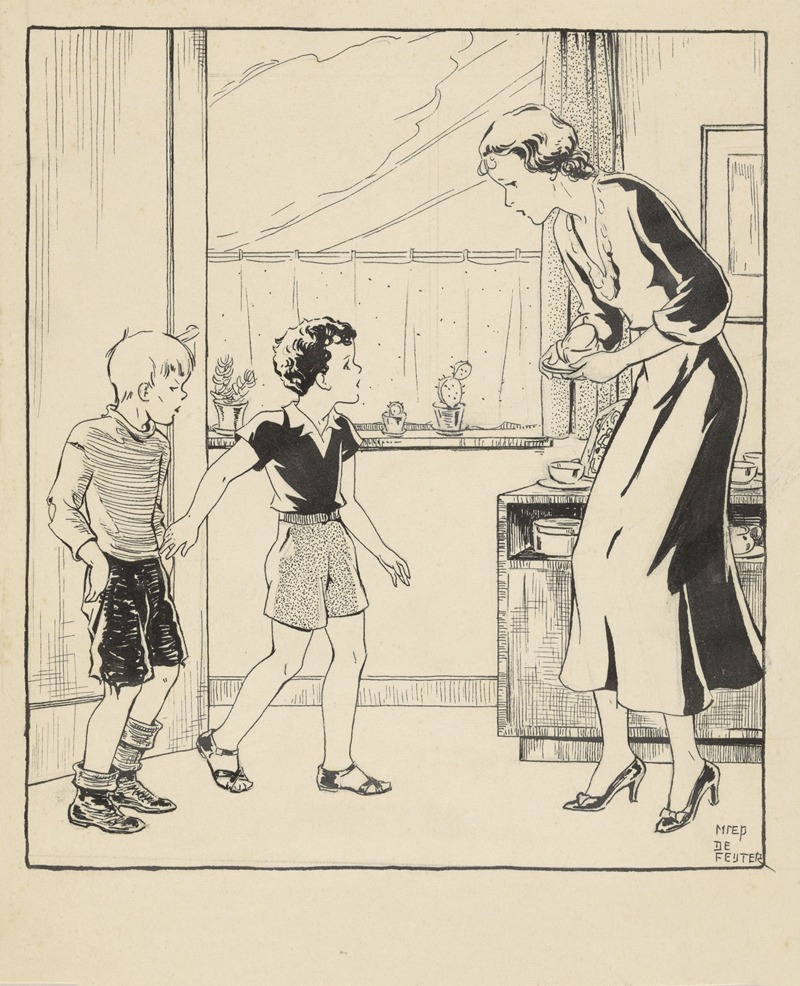 Miep de Feijter - Interieur met twee jongens en een vrouw