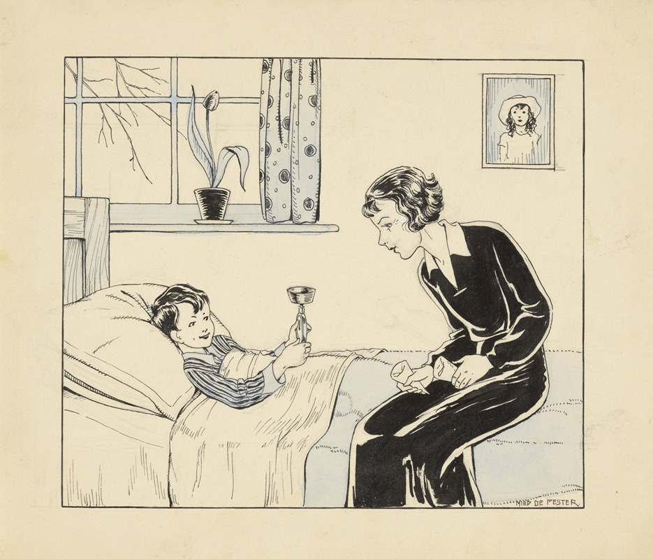 Miep de Feijter - Jongen met weegschaal in een bed