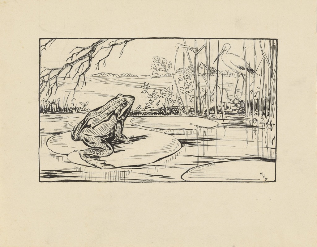 Miep de Feijter - Kikker op een waterlelie in een plas