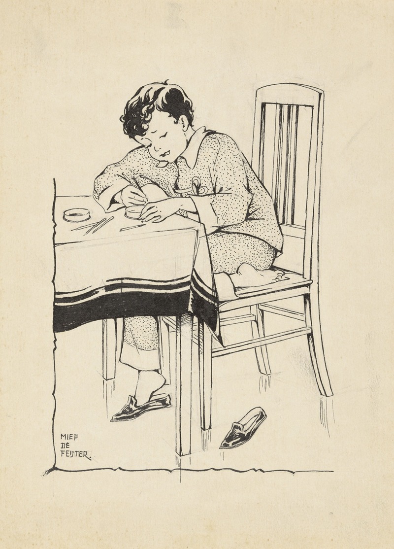 Miep de Feijter - Knutselende jongen aan een tafel
