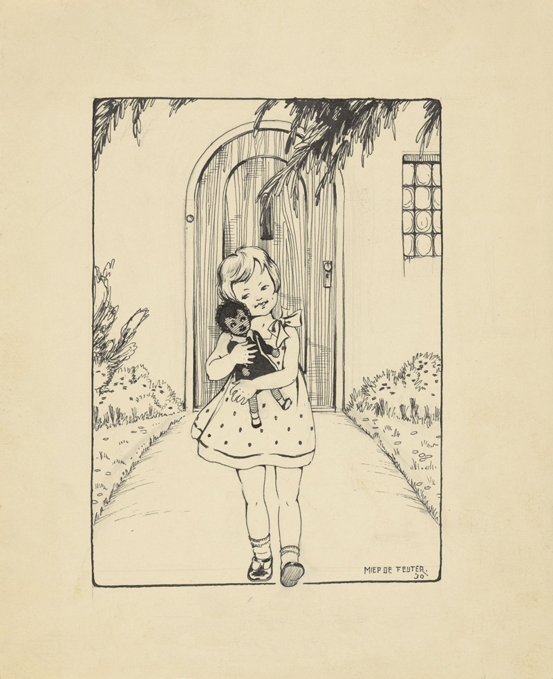 Miep de Feijter - Meisje met pop op een tuinpad
