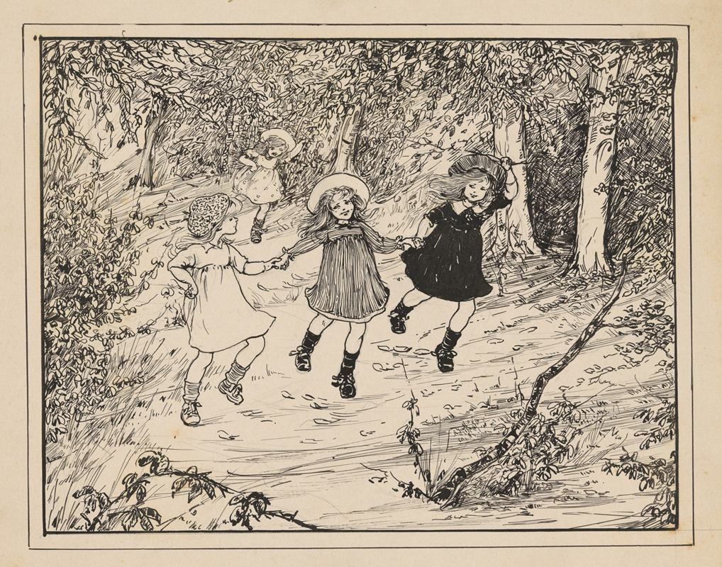 Nelly Spoor - Drie rennende meisjes in een bos