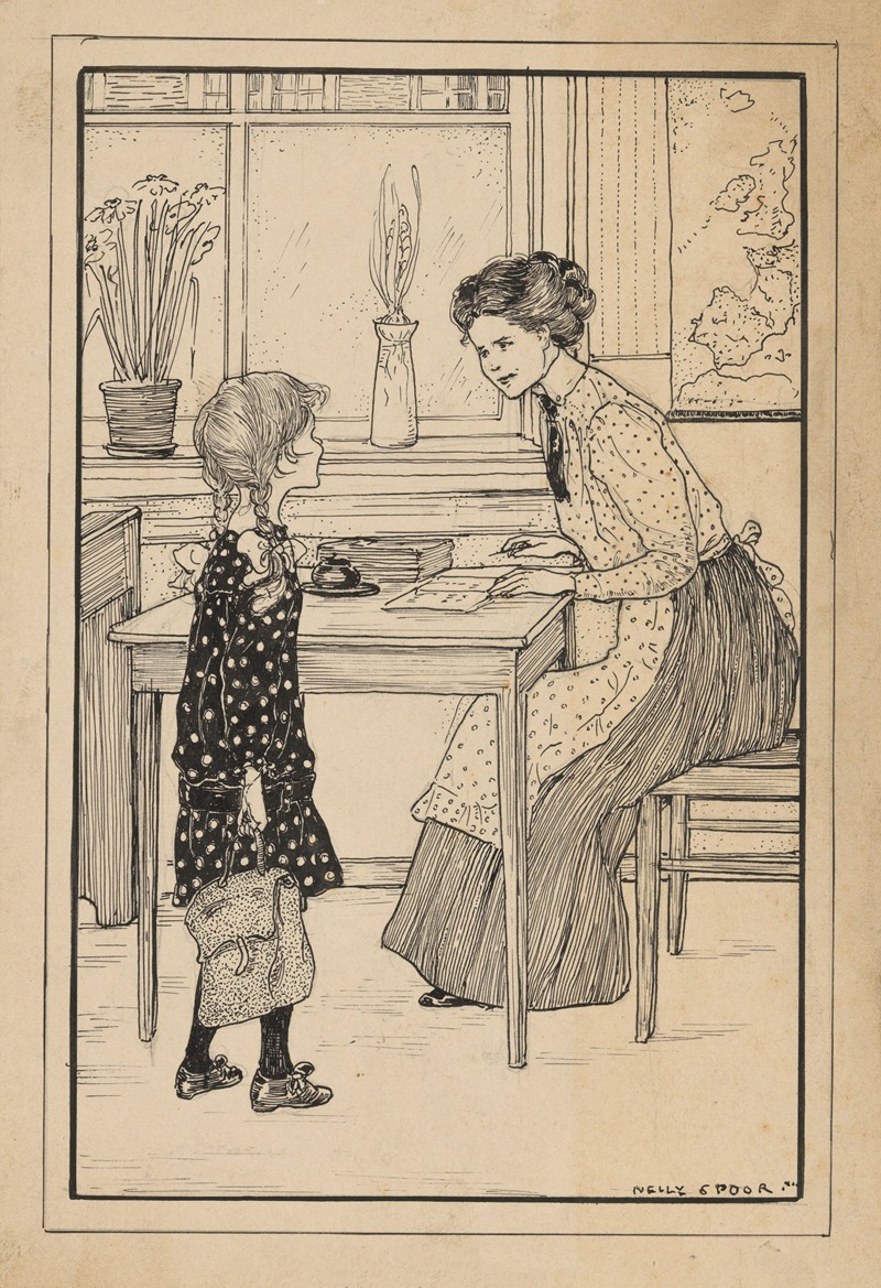 Nelly Spoor - Meisje bij het bureau van een onderwijzeres