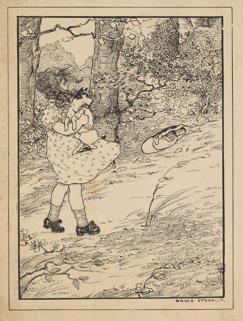 Nelly Spoor - Meisje draagt een hond op een winderig bospad