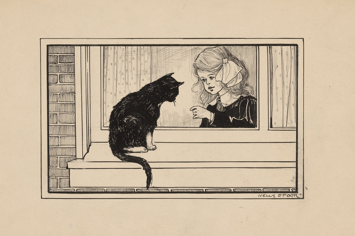 Nelly Spoor - Meisje kijkt naar een kat in een vensterbank