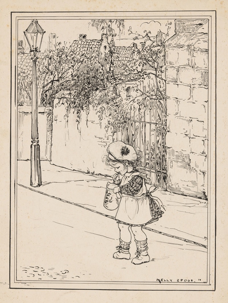 Nelly Spoor - Peutermeisje met kan op een straat