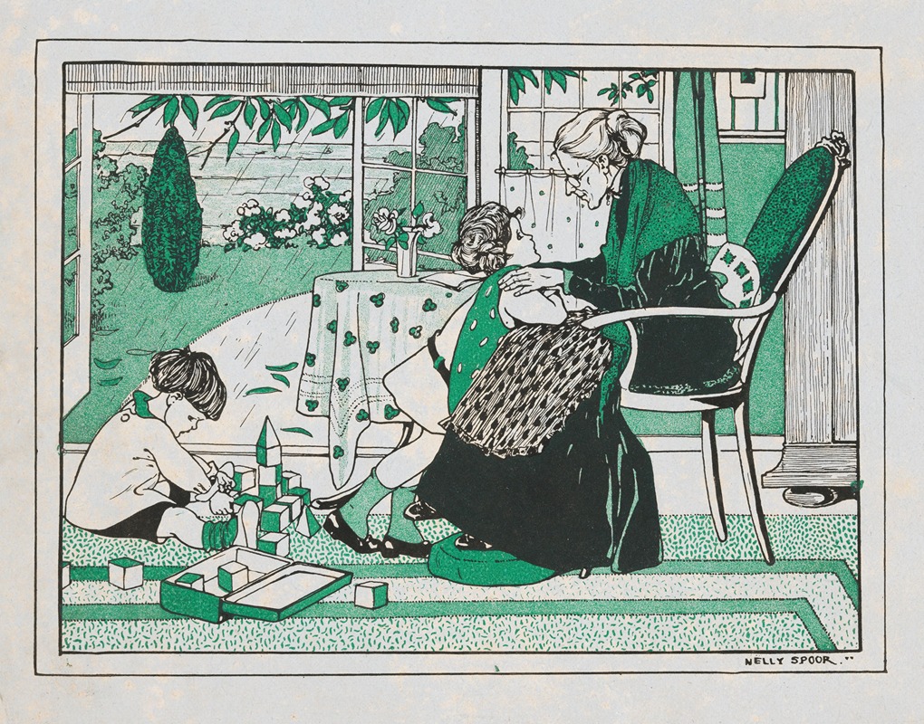 Nelly Spoor - Twee kinderen en een oude vrouw in een interieur