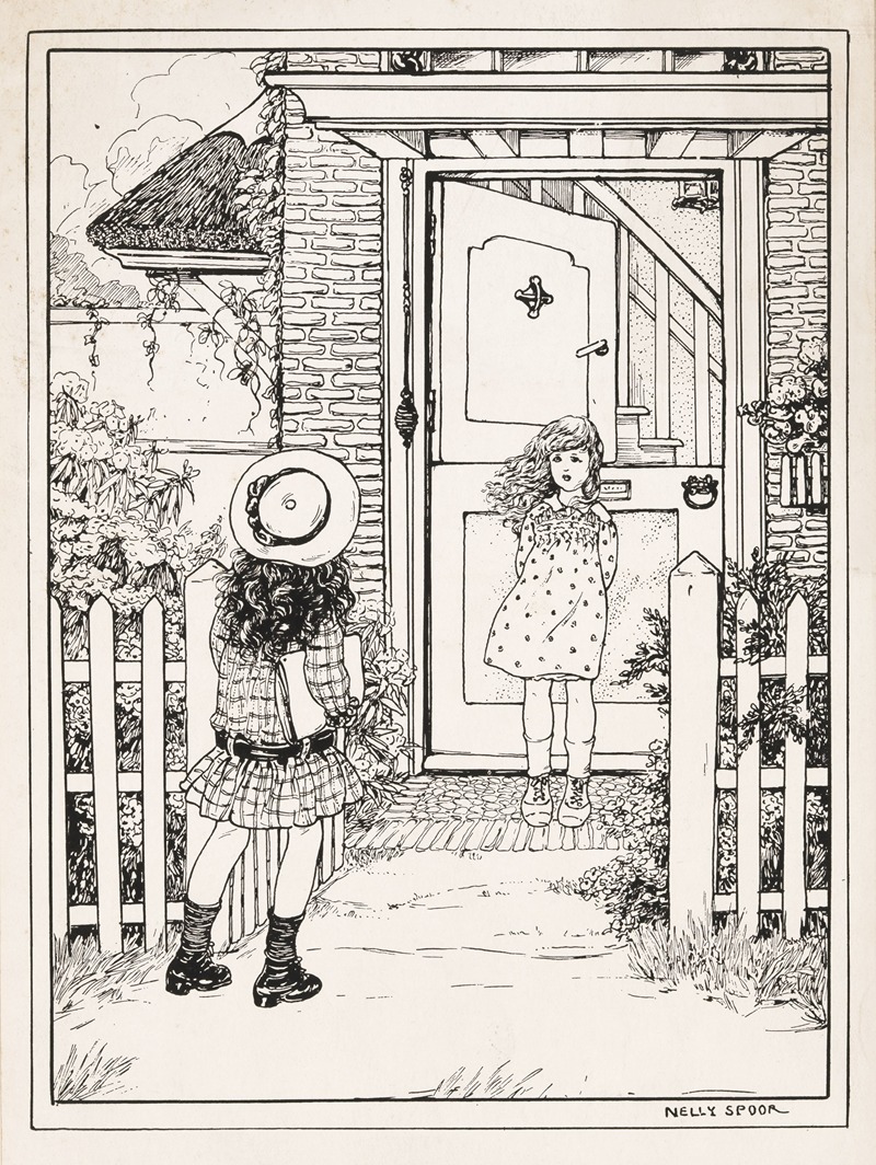 Nelly Spoor - Twee meisjes bij een voordeur