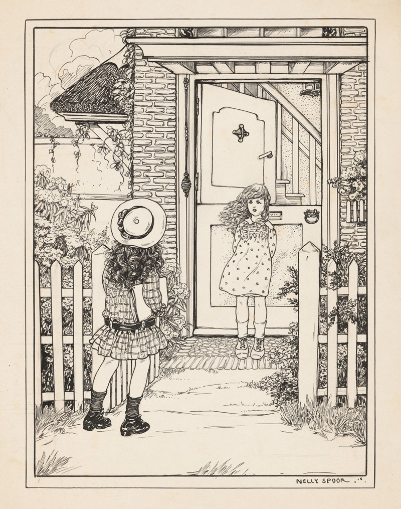 Nelly Spoor - Twee meisjes bij een voordeur