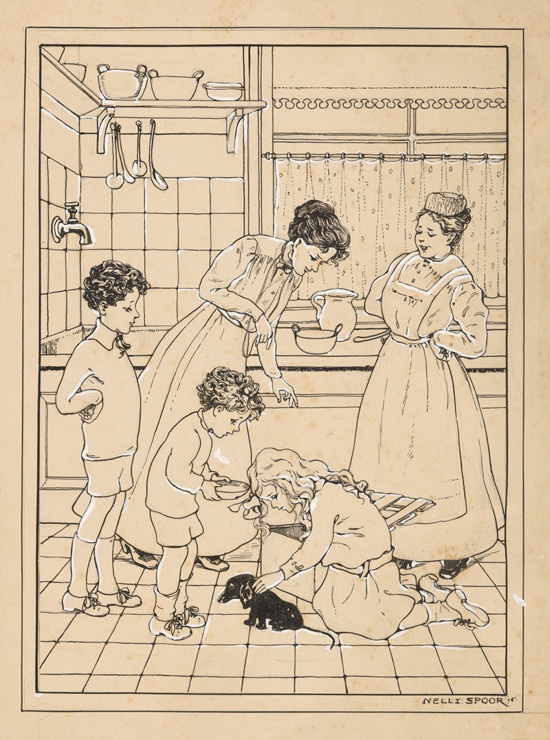 Nelly Spoor - Vrouwen en kinderen met een puppy in een keuken