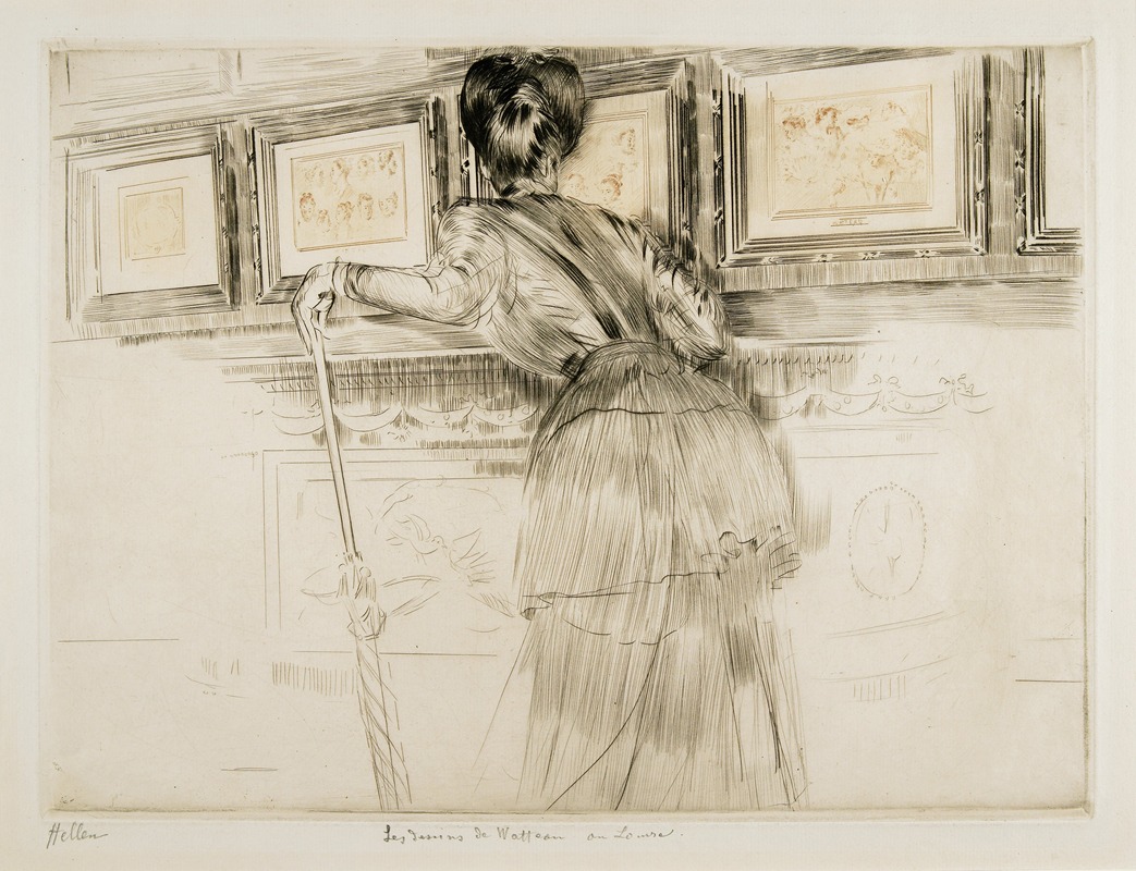 Paul César Helleu - Woman Looking at Watteau Drawings in the Louvre