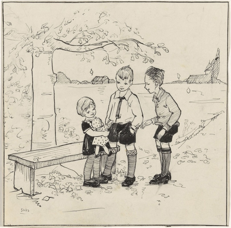 S. van Os - Meisje met pop en twee jongens bij een boom