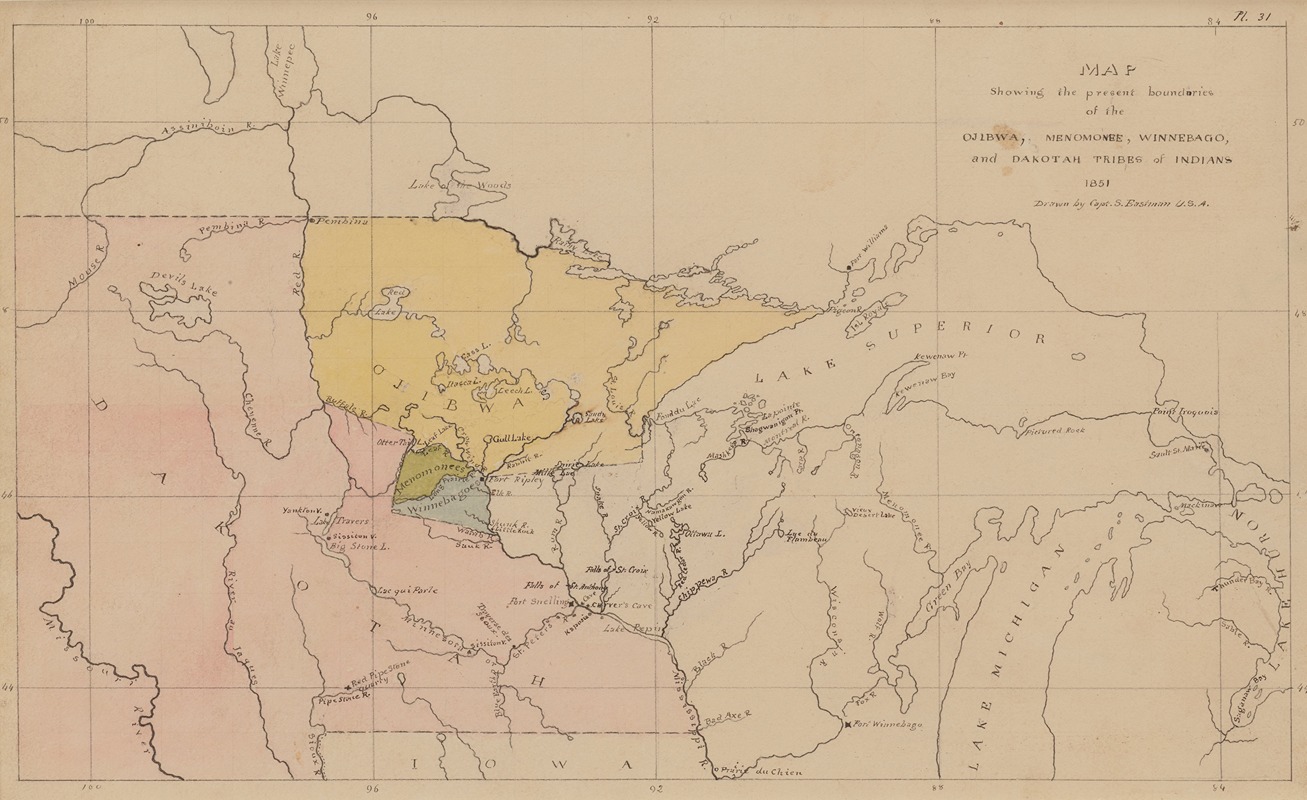 Seth Eastman - Map Showing the Present Boundaries of the Ojibwa, Menomonee, Winnebago, and Dakotah Tribes of Indians 1851
