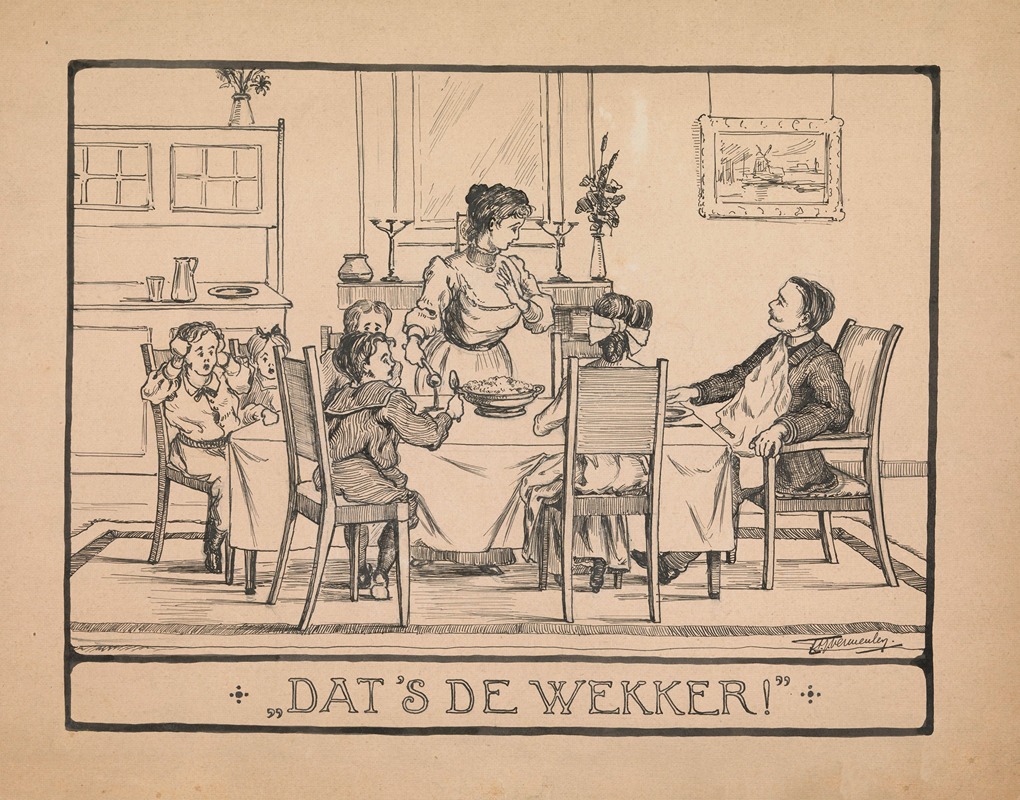 T.A.J. Vermeulen - Gezin kijkt verschrikt op van het diner. Dat’s de wekker!