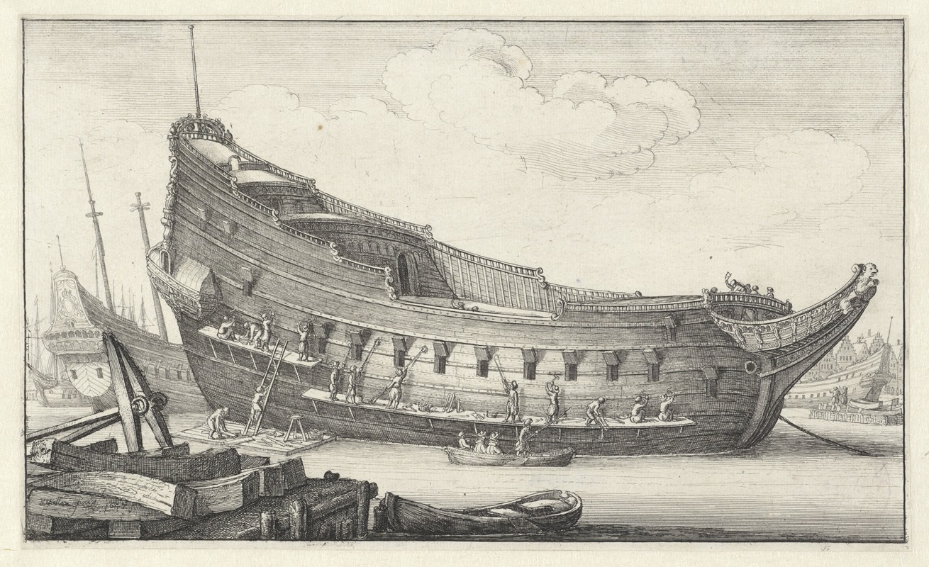 Wenceslaus Hollar - Fitting out a hull; men on scaffolds and ladders working to fit hull of ship in the centre