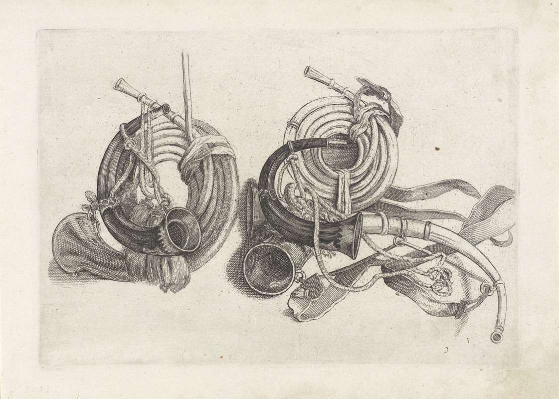 Wenceslaus Hollar - Five hunting horns of various shapes with cords and straps attached, two at left and three at right