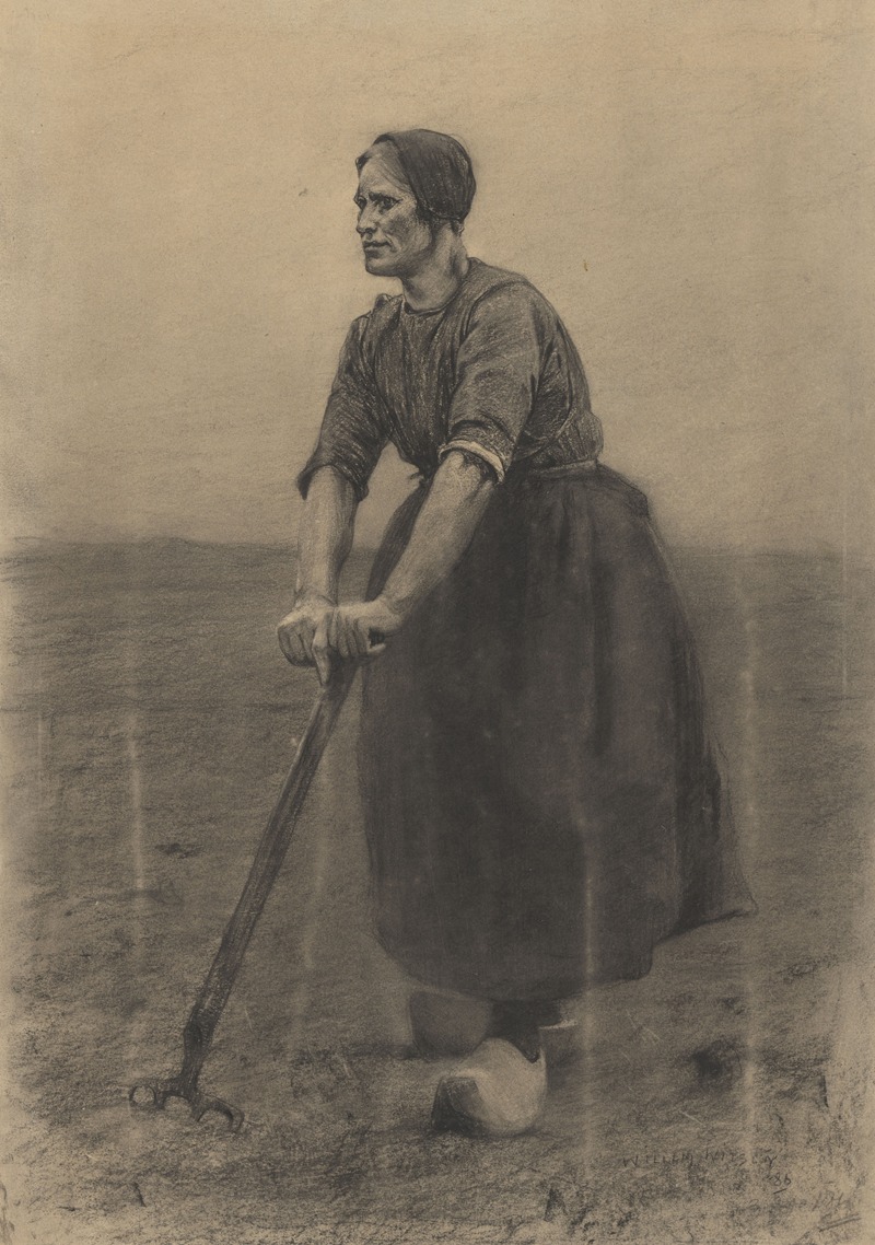 Willem Witsen - Boerenvrouw, staande op een riek geleund
