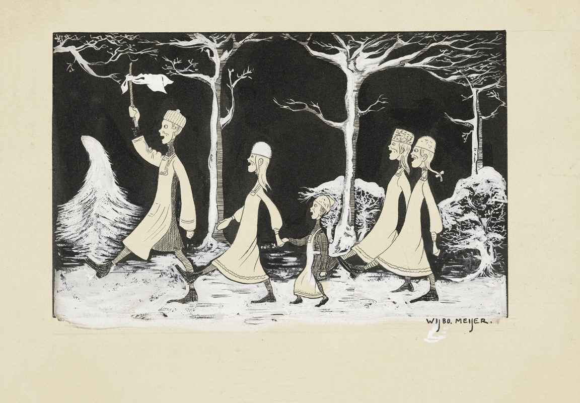 Wybo Meijer - Henk, Anne, Hans, Noor en Elly marcheren door de sneeuw