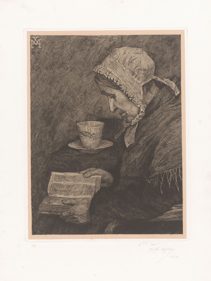 Xavier Mellery - Oude vrouw leest in een boek en op tafel staat een theekop