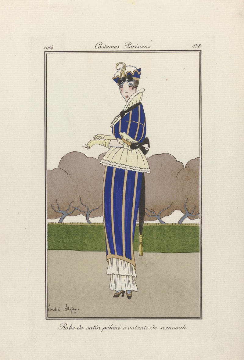 André Stéfan - Journal des Dames et des Modes – Robe de satin pékiné à volants de nansouk
