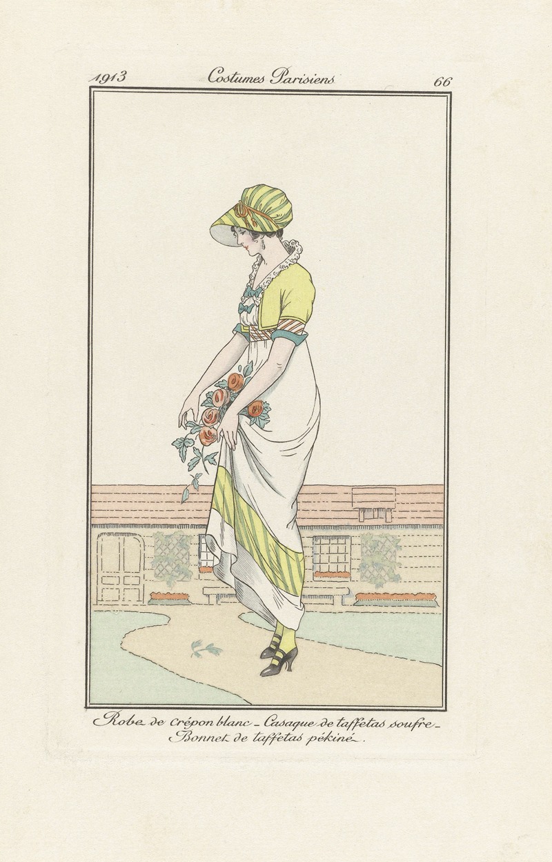 Anonymous - Journal des Dames et des Modes – Robe de crépon blanc .Casaque de taffetas soufre, Bonnet de taffetas pékiné