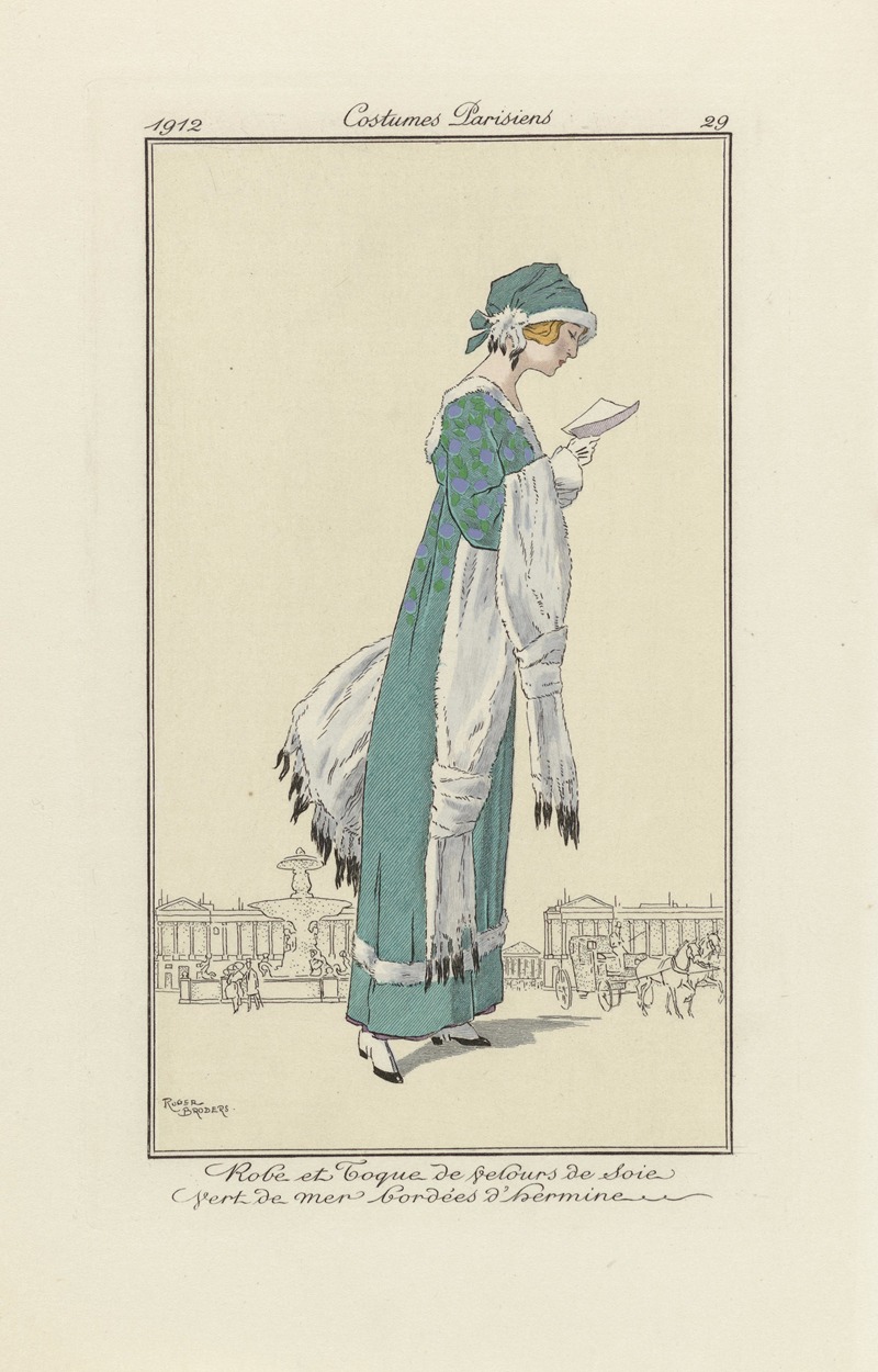 Anonymous - Journal des Dames et des Modes – Robe de promenade en Sarah à damiers et taffetas peint à la main, bordée de velours noir