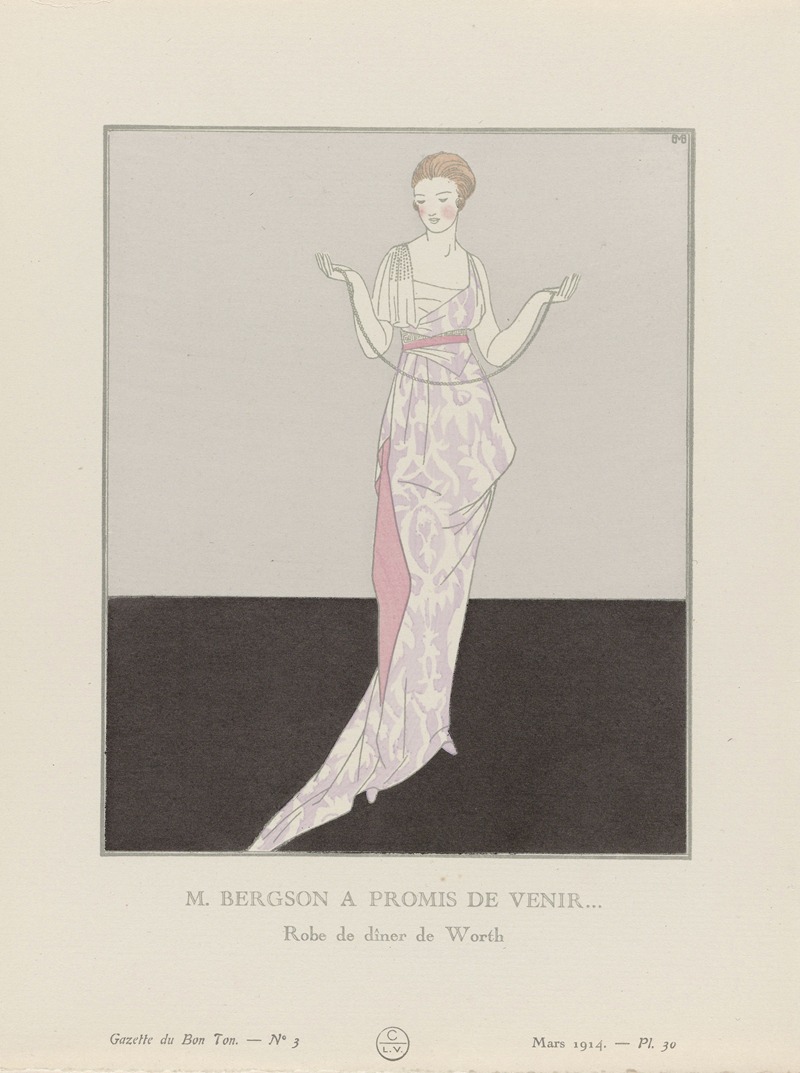 Bernard Boutet de Monvel - Gazette du Bon Ton – M. Bergson a promis de venir, Robe de dîner de Worth