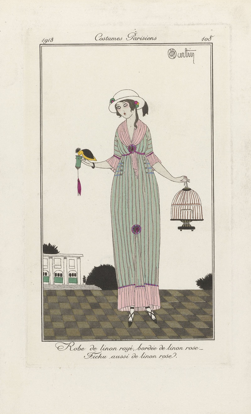 Charles Martin - Journal des Dames et des Modes – Robe de linon rayé, bordée de linon rose