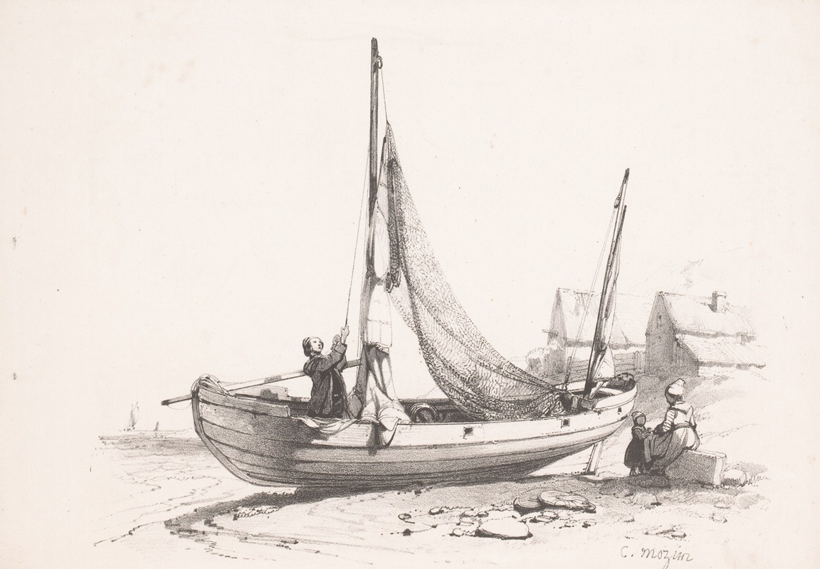 Charles-Louis Mozin - Sailing ship on the beach.