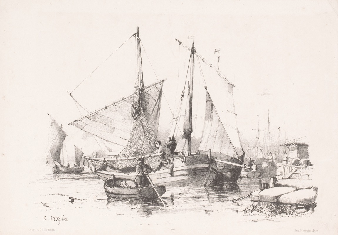 Charles-Louis Mozin - Sailing ships and rowboats at the quay