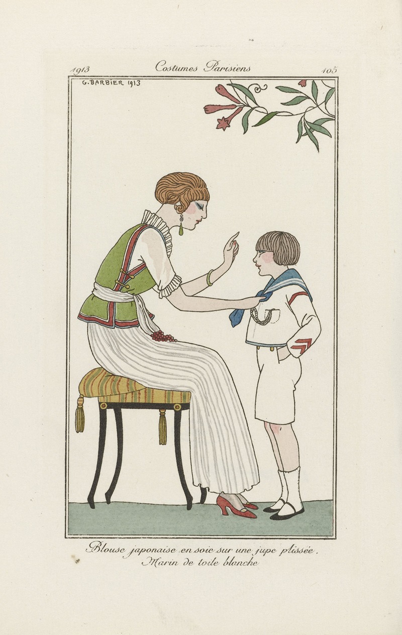 George Barbier - Journal des Dames et des Modes – Blouse japonaise en soie sur une jupe plissée. Marin de toile blanche