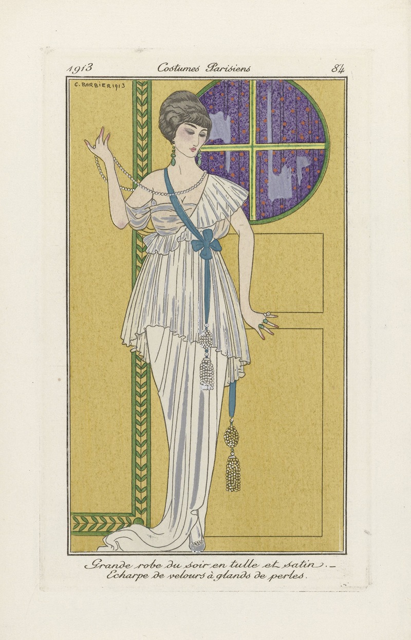 George Barbier - Journal des Dames et des Modes – Grande robe du soir en tulle et satin.