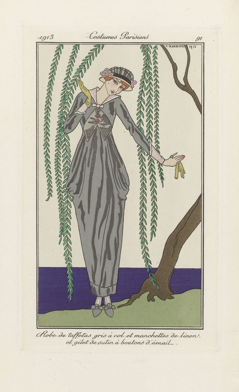 George Barbier - Journal des Dames et des Modes – Robe de taffetas gris à col et manchettes de linon et gilet de satin à boutons d’email.