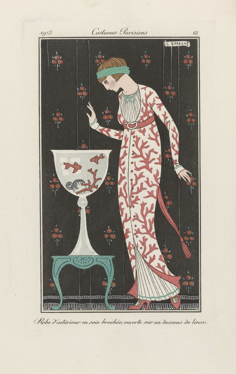 George Barbier - Journal des Dames et des Modes – Robe d’intérieur en soie brochée, ouverte sur un dessous de linon