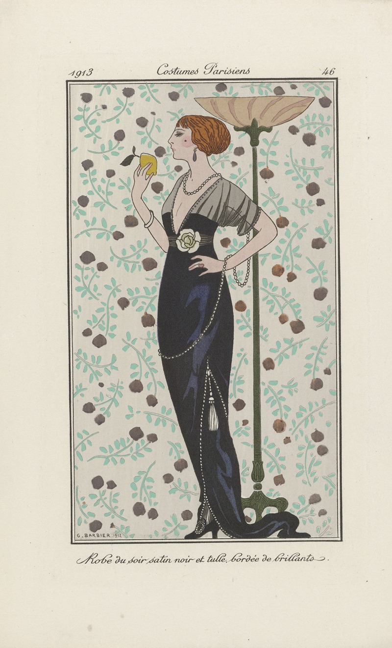 George Barbier - Journal des Dames et des Modes – Robe du soir satin noir et tulle, bordée de brillants
