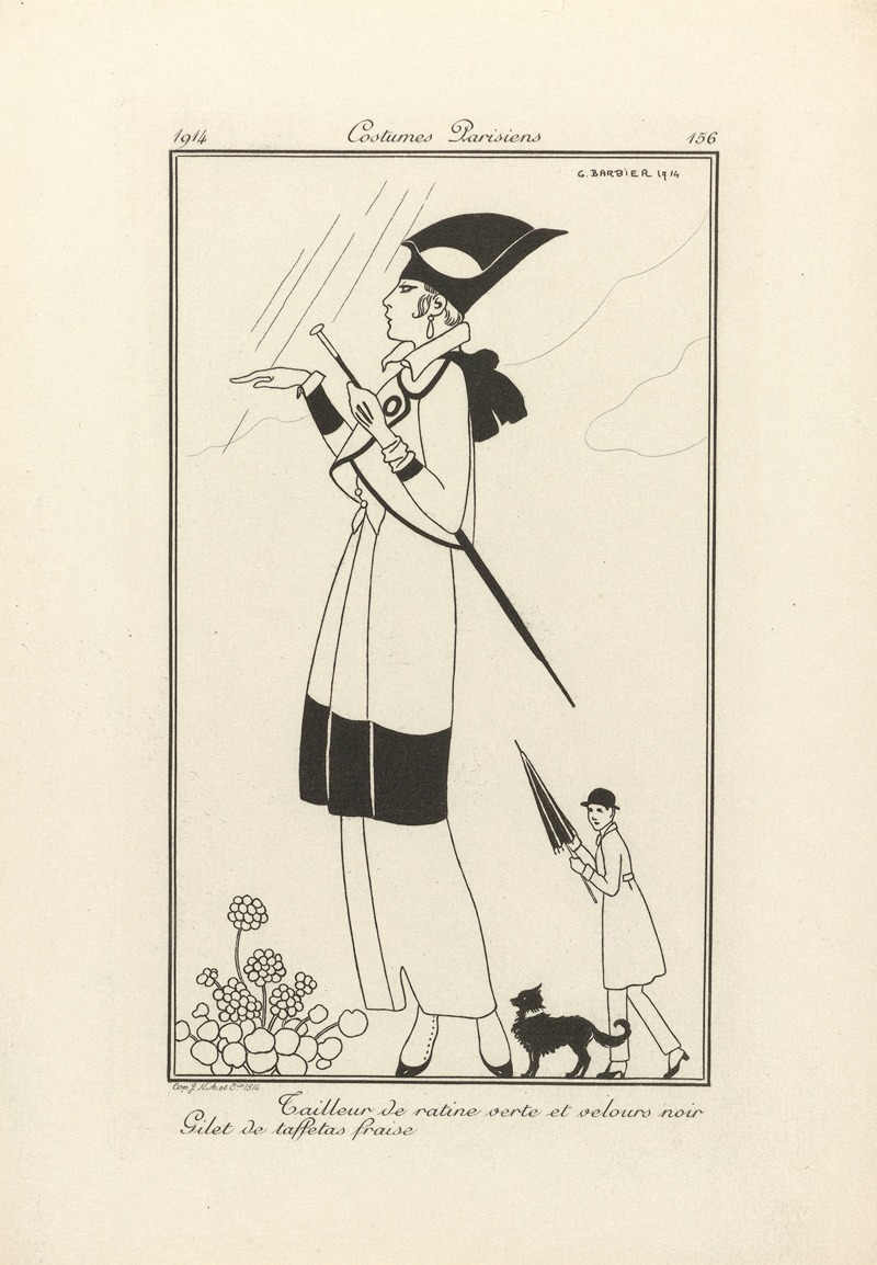 George Barbier - Journal des Dames et des Modes – Tailleur de ratine verte et velours noir Gilet de taffetas fraise