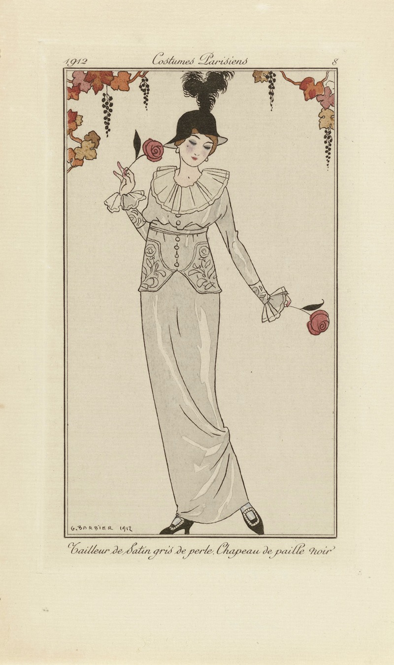 George Barbier - Journal des Dames et des Modes – Tailleur de Satin gris de perle. Chapeau de paille noir.