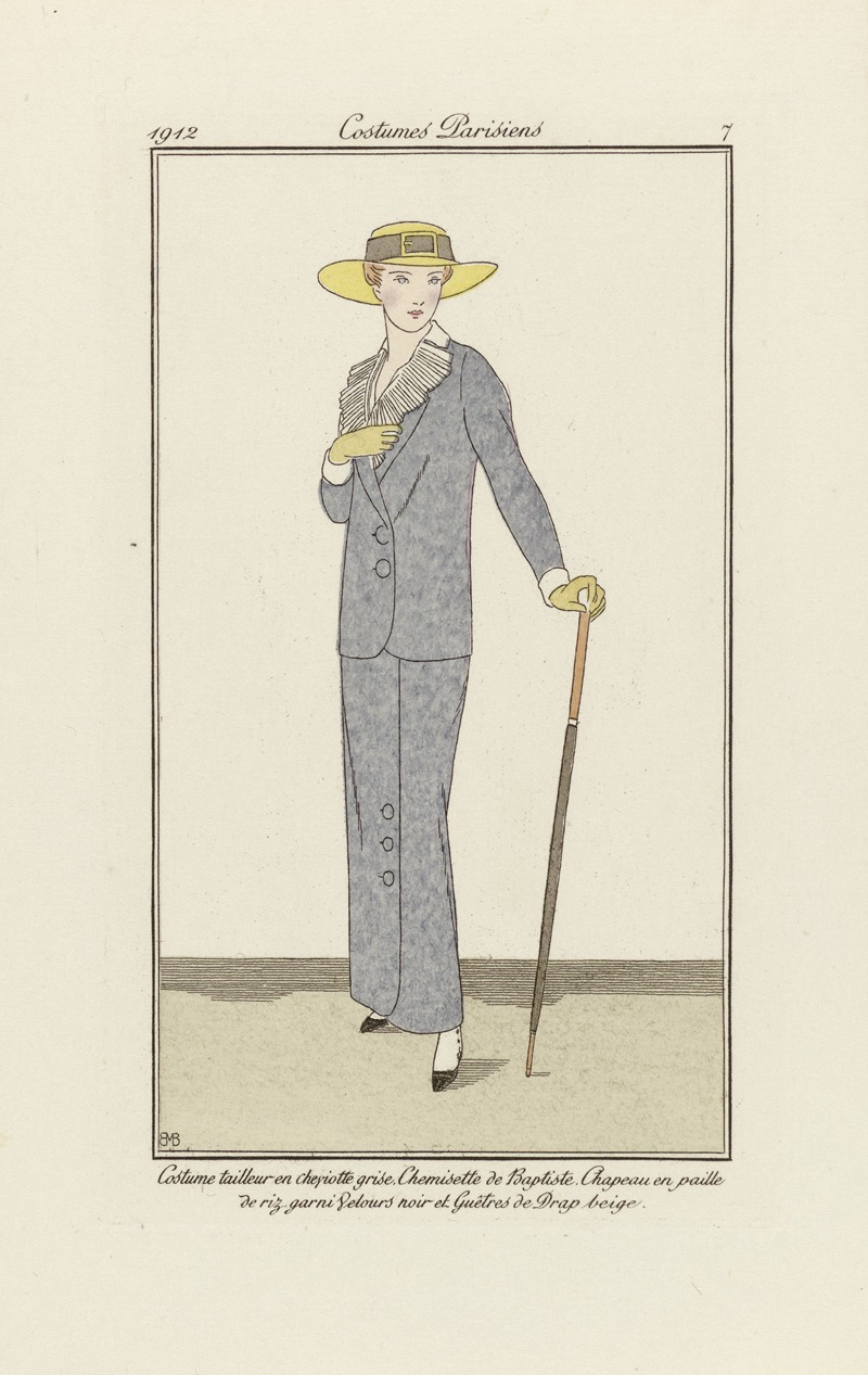 H. Robert Dammy - Journal des Dames et des Modes – Costume tailleur en Cheyotte grise. Chemisette de Baptiste
