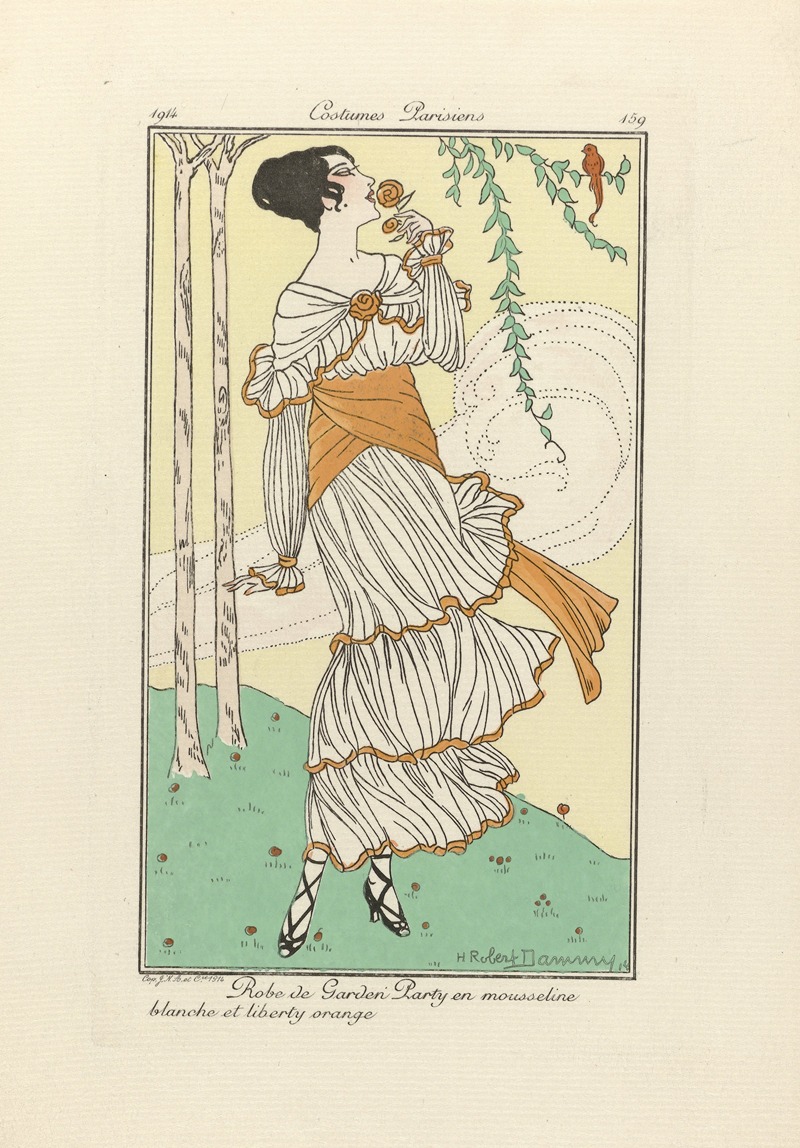 H. Robert Dammy - Journal des Dames et des Modes – Robe de Garden Party en mousseline blanche et liberty orange